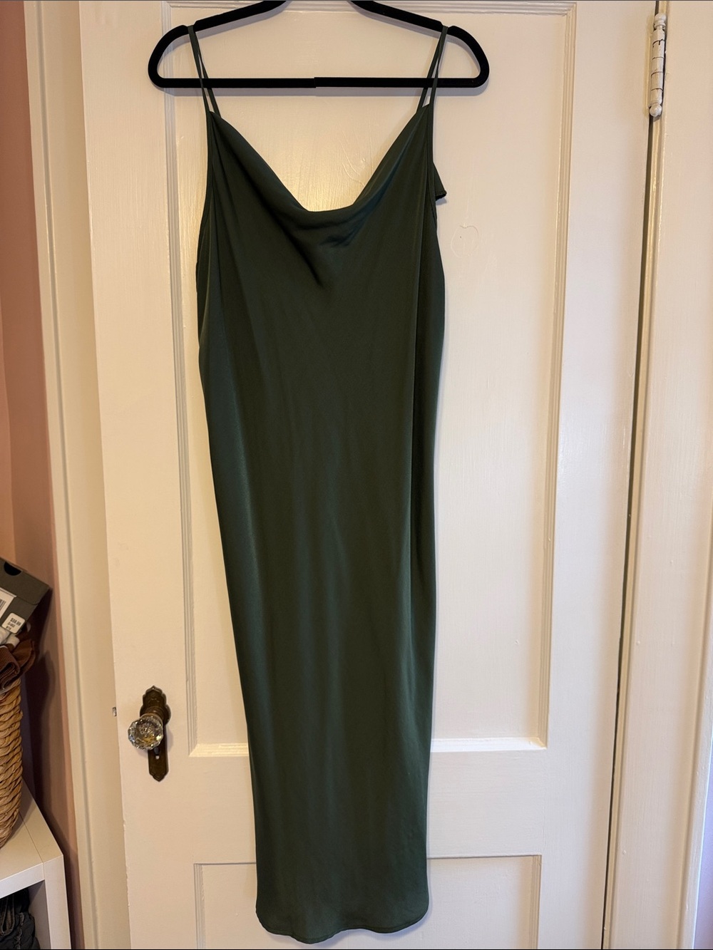 Satin Olive Green Cowl Neck Midi Slip Dress